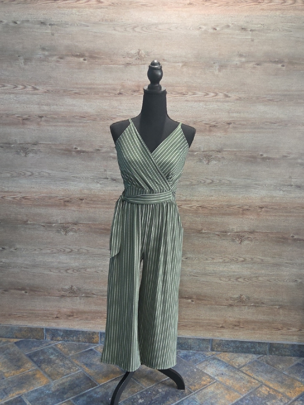 Kaileigh Olive Green Striped Wrap Jumpsuit